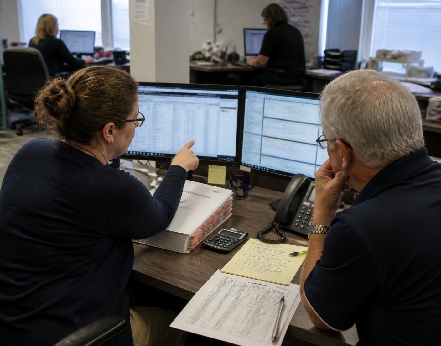 An agency owner and billing manager reviewing claim queues and an aging report at a dual-monitor workstation, with authorization binders and payer call notes on the desk.